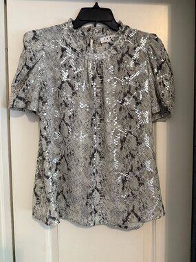 THML sheer puff-sleeve dressy snakeskin print with metallic shine